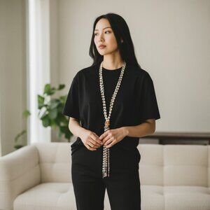 Long Pearl Stone Crystal Leather Necklace